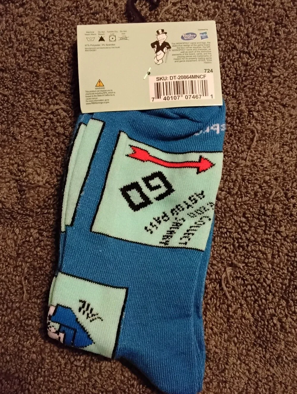 Hasbro Monopoly Blue Crew Socks with Mint & Orange Accents